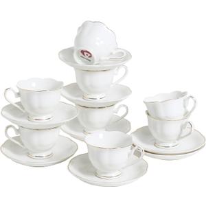 White Porcelain Demitasse Set of 8 (16-Piece) - 2.5oz Espresso Cups & Saucers, Elegant White & Gold Trim Coffee Set for Turkish Coffee, After Dinner, Gift Giving
