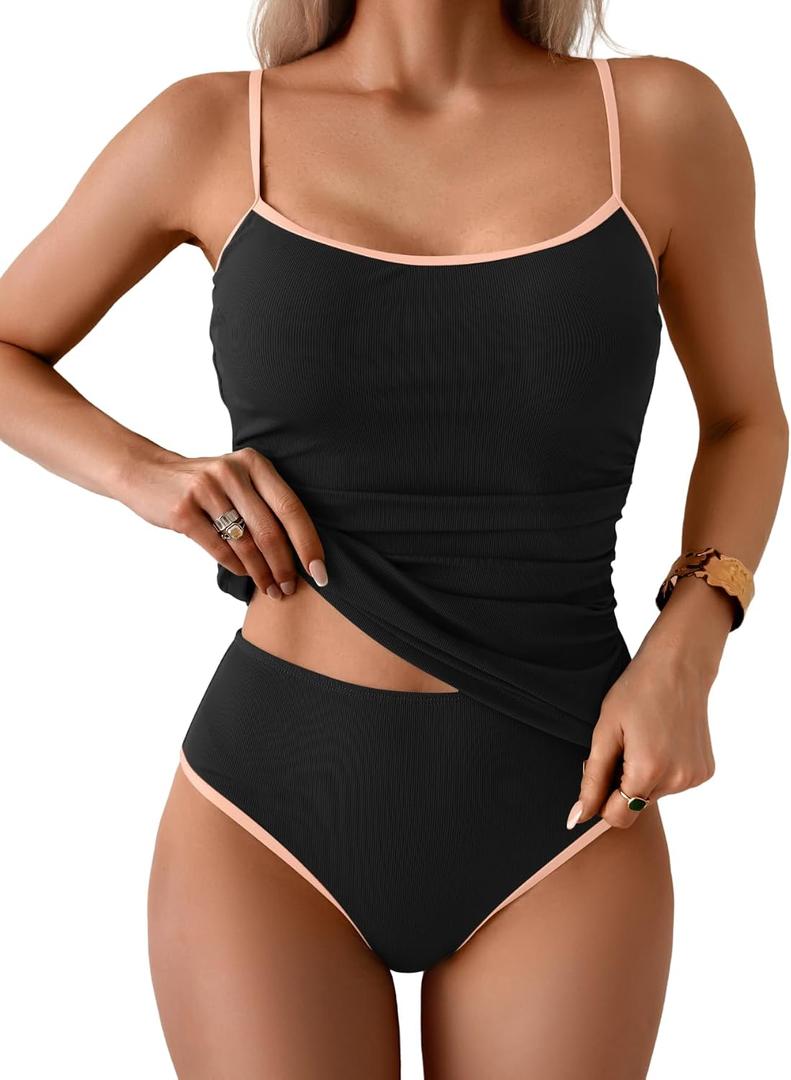Eomenie Women's Tankini Swimsuits Two Piece Tummy Control Bathing Suit Color Block Slim Swimwear with High Waisted Bottom, Large