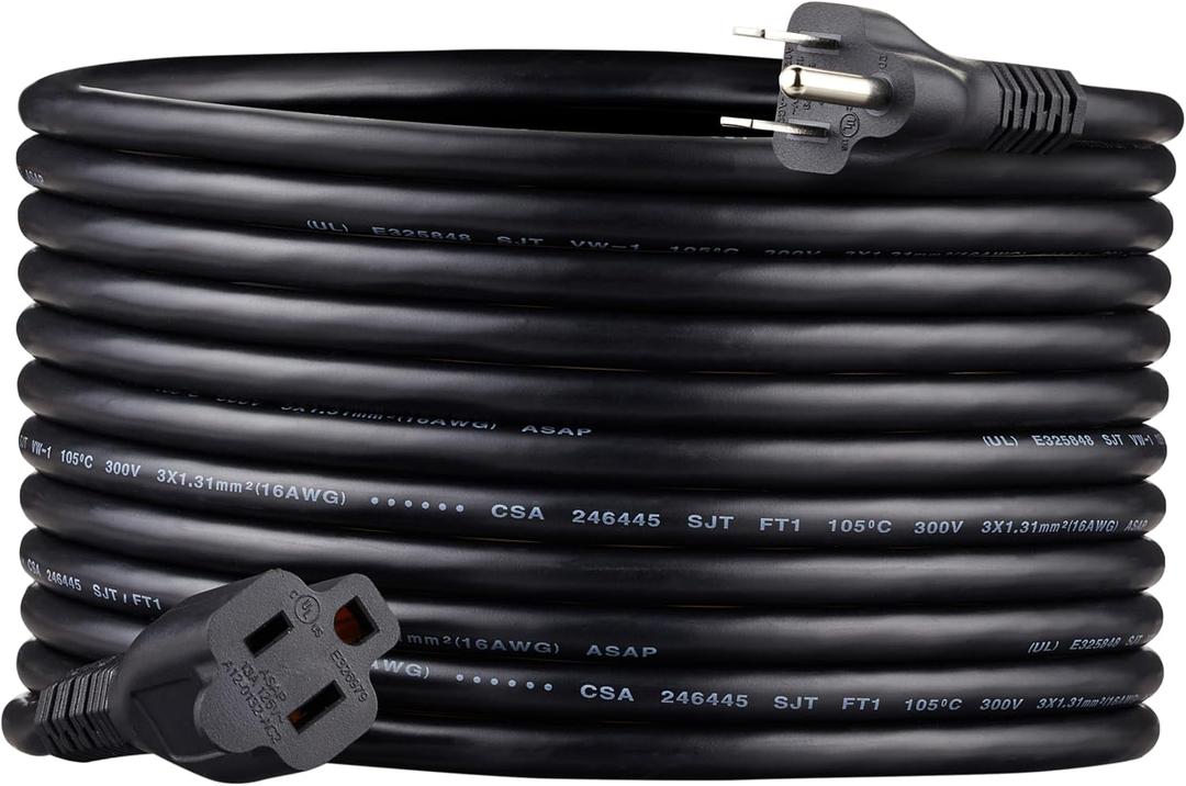 Amazon Basics Extension Cord, 20 Ft, 3 Prong Outlet Extender, Indoor, 13 Amps, 125V, 16 AWG, Black