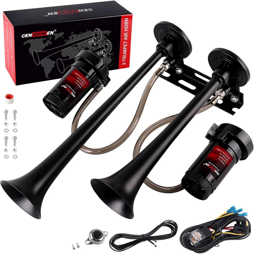Dual 2-Trumpet Metal Air Horn for truck Kit with 2 air Compressors,12V 150dB Ultra Loud impact train car horn moto horn is suitable for pickup/SUV/Boat and other vehicles (Black with button)