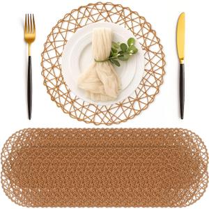 Geosar Round Woven Placemats Bulk Rustic Paper Braided Placemats Boho Natural Non slip Heat Resistant Table Mats for Wedding Party, Dinner Table Centerpiece Decoration, 13 Inch (Light Brown,24 Pcs)