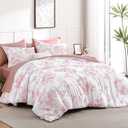 Luxudecor Floral King Comforter Set 7 Pieces Bed in a Bag, Pink Rose Romantic Flower Bed Set, Soft Reversible Comforter with Sheet Set 104"x90"