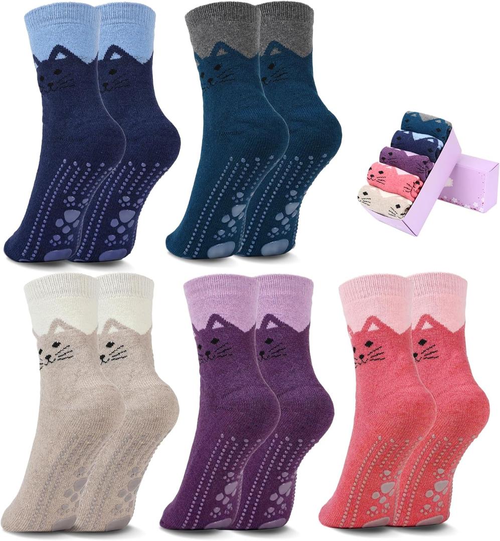 Non Slip Socks for Women with Grips Thermal Winter Warm Thick Cozy Cabin Crew Comfy Anti Skid Slipper Socks Gifts for Women (Style 02-cute Cat Head 01)
