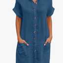 Tshirt Dress with Pockets Womens Button Down Shirt Dress Summer Shorts Sleeve Cotton Linen Casual Midi Dress, 2XL, Blue 