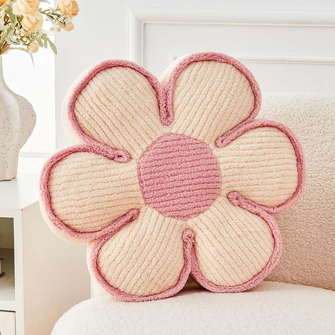 Kcvvcr Flower Pillow, Soft Flower Decorative Throw Pillow, Cute Daisy Flower Shaped Seating Floor Cushion Room Décor Plush Pillows for Sofa Couch Bed (13.7 Inch, Ivory)