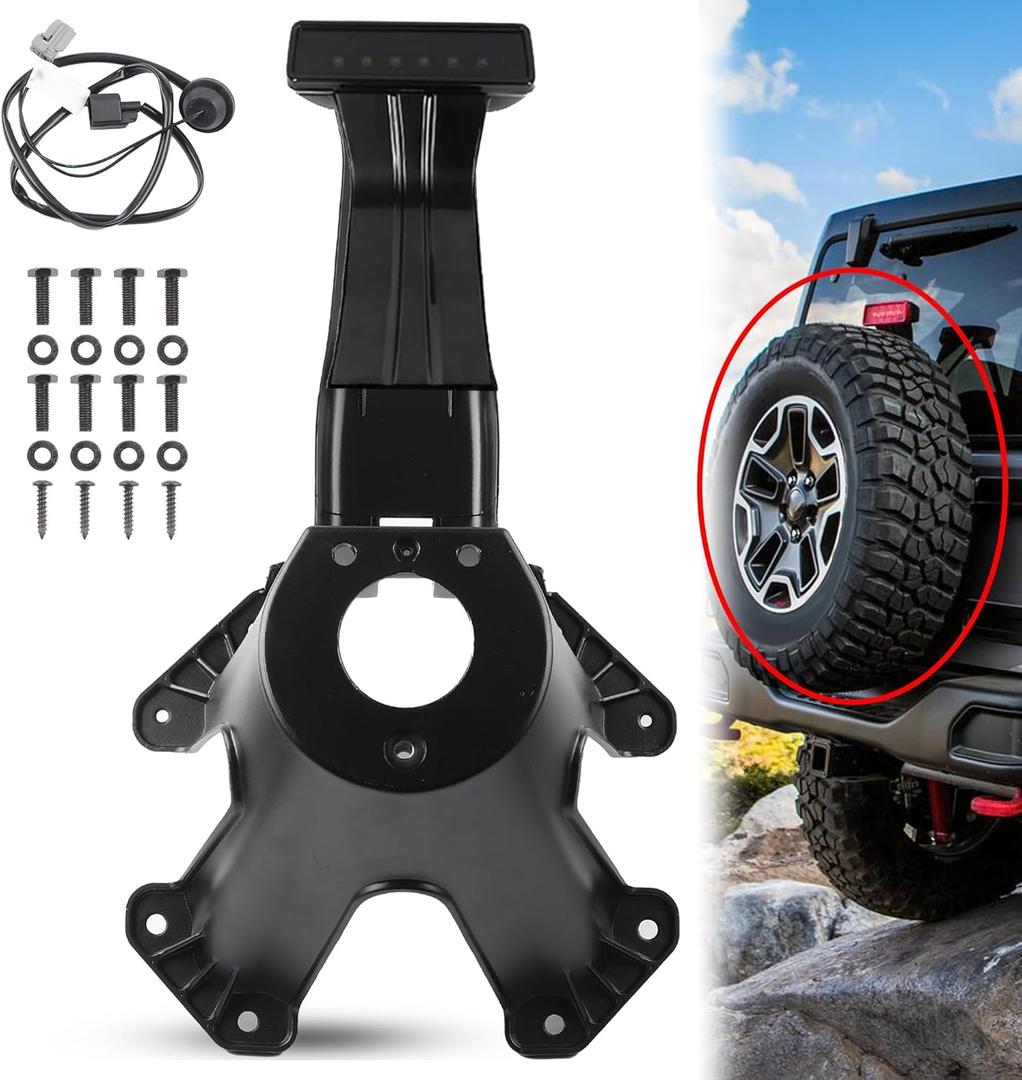 Dasbecan Spare Tire Holder Bracket Tire Carrier Rack Compatible with Jeep Wrangler JK 2007-2018 Replaces# 55397217AJ 68048581AA, High Center Mount 3rd Third Brake Light Assembly with Line,Black