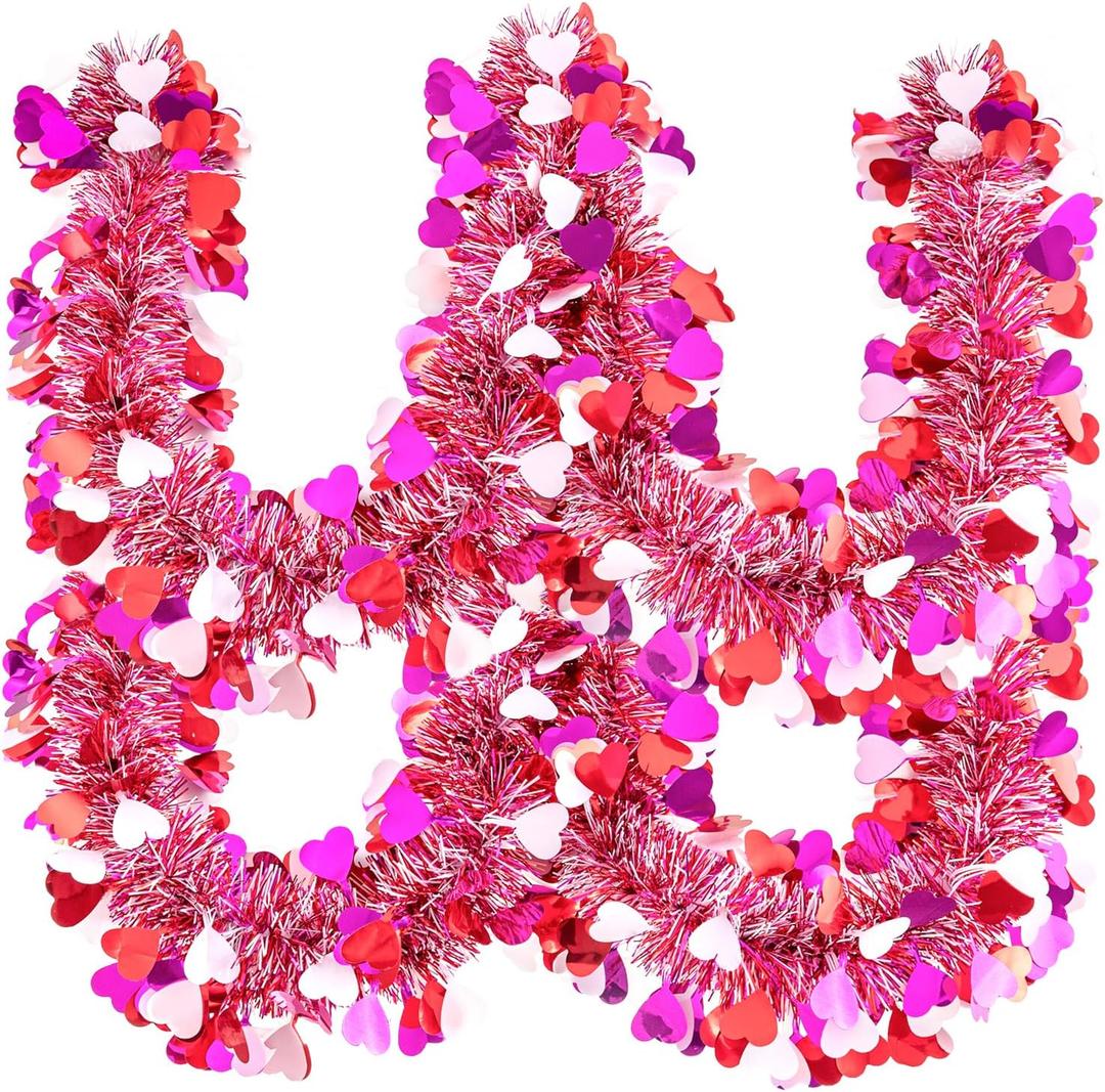 20FT/6M Valentine's Day Tinsel Garland, Pink White Heart Metallic Tinsel Twist Garland Shiny Hanging Garland Decoration for Valentines Day Wedding Birthday Party Supplies