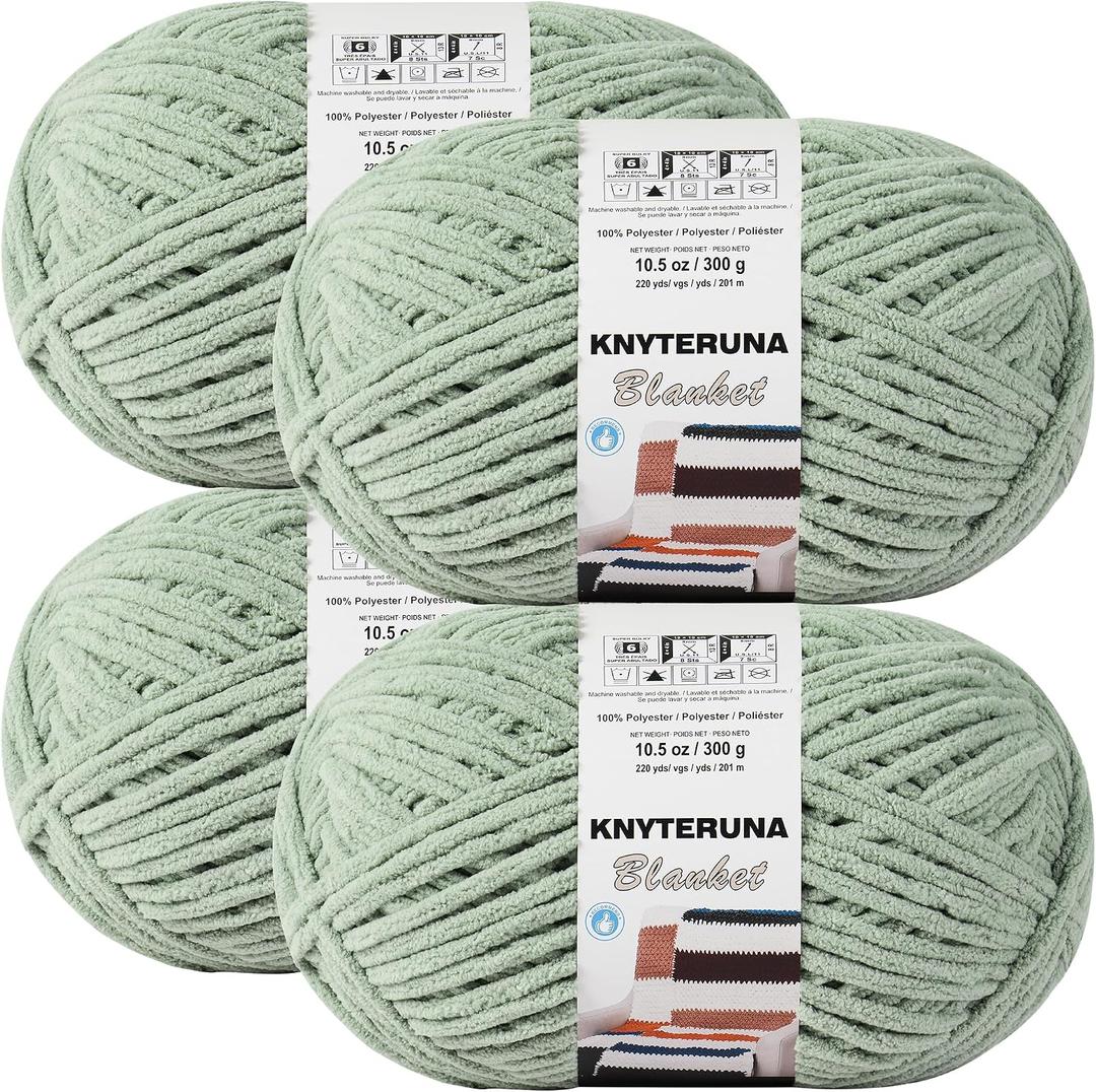 #6 Super Bulky Blanket Yarn for Crocheting - 4 Skeins(Each 10.5oz/300g, 220yds/201m), Chunky Chenille Thick Plush Big Soft Yarn for Crocheting Knitting Blankets, Sage Green