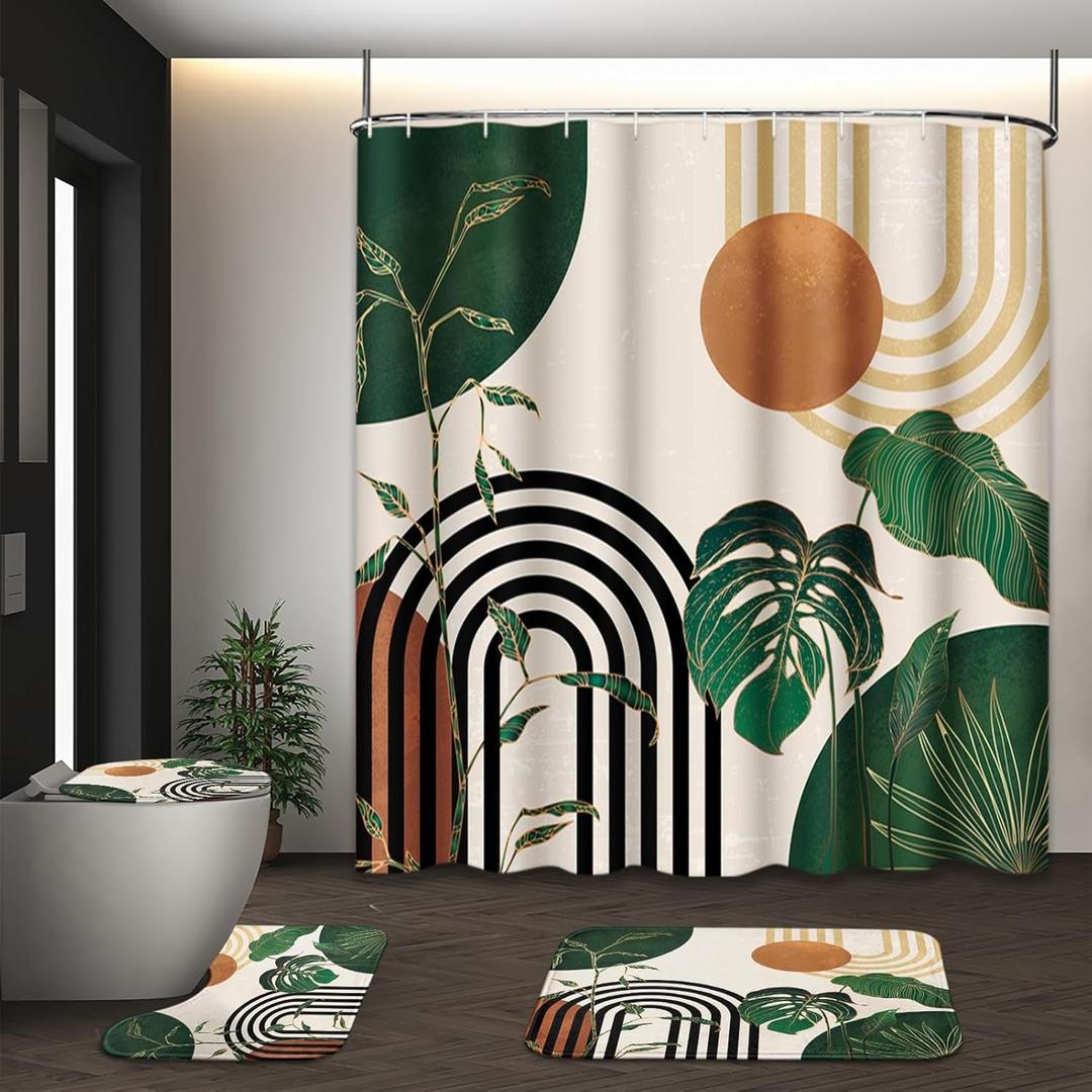 Green Boho Mid Century Shower Curtain Set with Toilet Lid Cover and Non-Slip Rugs, Abstract Retro Tropical 4 Pcs Modern Minimalist Vintage Shower Curtain for Bathroom Set with 12 Hooks