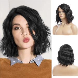 Short Wavy Black Bob Wig for Women Synthetic Heat Resistant Side Part Halloween Cosplay Wig