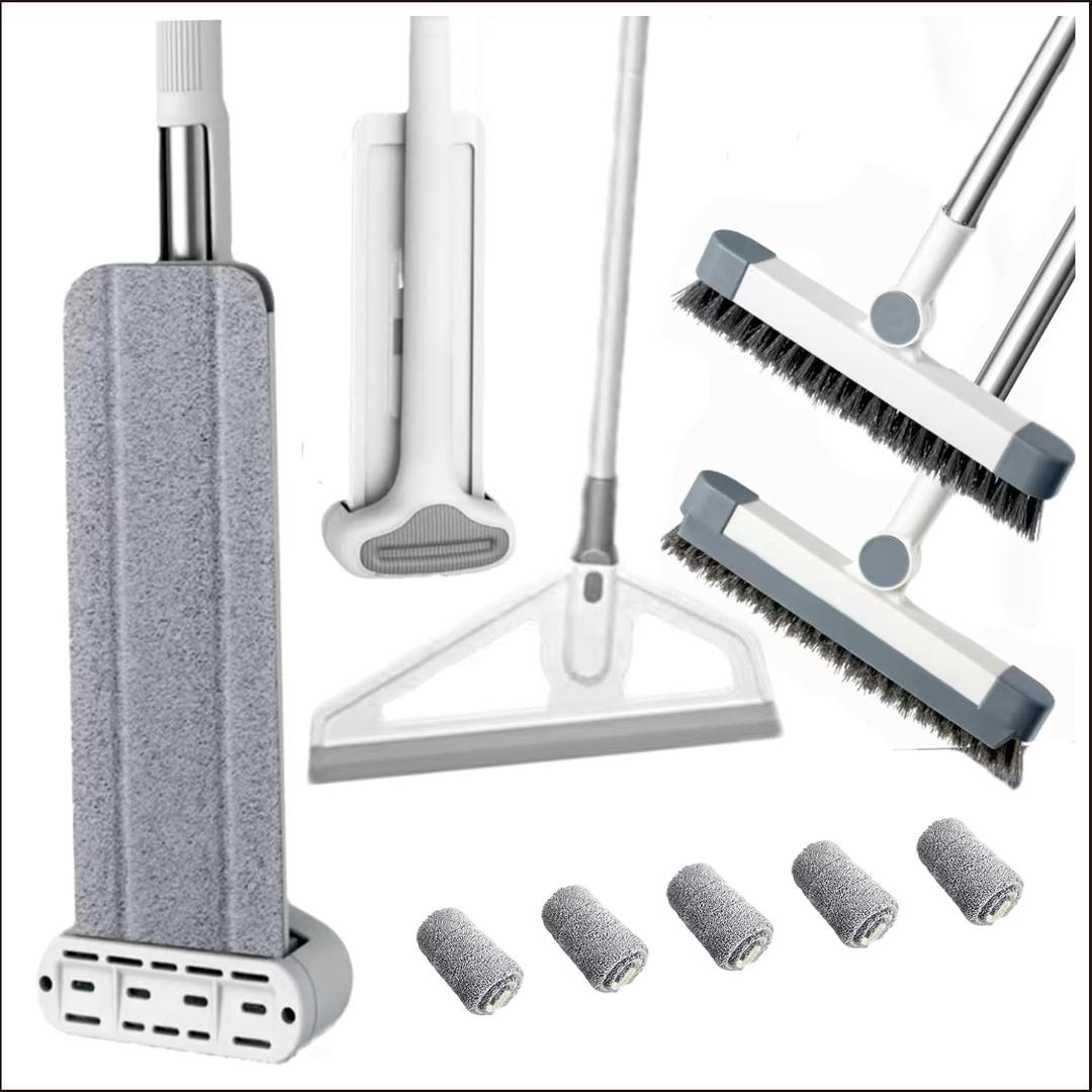 Hands-Free Self Wringing Cleaning Flat Mop - Microfiber with 6 x Washable Pads,,Floor Scrub BrushFloor Squeegee (1 Mop+6 Microfiber Pads +1 Brush+1 Glass Wiper)