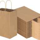 Toovip 100 Pack 8x4.75x10 Inch Medium Plain Brown Kraft Paper Bags with Handles Bulk, Gift Wrap Bags for Favors Grocery Retail Party Birthday Shopping Business Goody Craft Merchandise Take Out Sacks