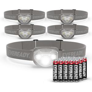 EVEREADY LED Headlamps Pro200 [5-Pack], IPX4 Water Resistant, Bright and Durable Head Lights for Camping, Hiking, Emergency Power Outage (Batteries Included) (Gray)