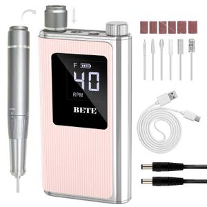 BETE Professional Nail Drill, 40000 RPM Cordless Electric Nail File Kit with 6 Bits, Rechargeable Efile for Acrylic Gel Nails Polishing, Manicure Tools for Salon Home Use, Pink