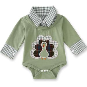 Ritatte Infant Baby Boy Girl Thanksgiving Outfit Funny Turkey Romper Bodysuits Plaid Collar Long Sleeve Onesie Fall Clothes (912Months, Green)