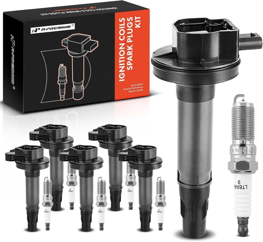 A-Premium Ignition Coils and Spark Plugs Kits Compatible with Ford F-150 F150, Explorer, Edge, Mustang, Taurus, Flex, Transit-150, Transit-250 & Lincoln MKX, MKT, Continental, 3.5L 3.7L 6-PC Set