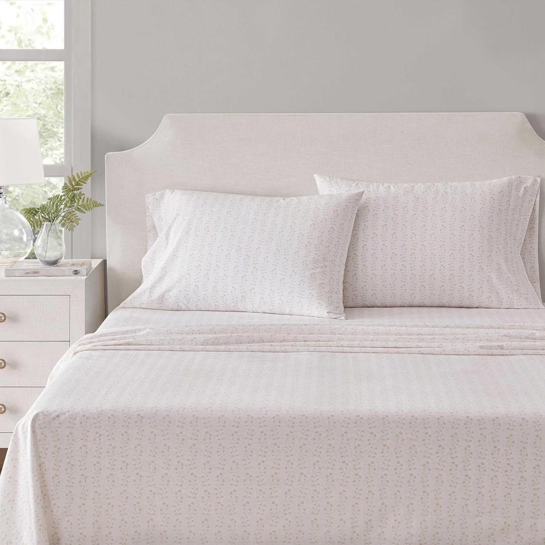 Martha Stewart - Queen Size Sheets Set, Crisp & Tailored Cooling Sheets w/a Naturally Smooth Cotton Percale Lightweight Feel - Bed Sheets with Matching Pillowcases & Fitted Sheet (Ditsy Vine Pink)