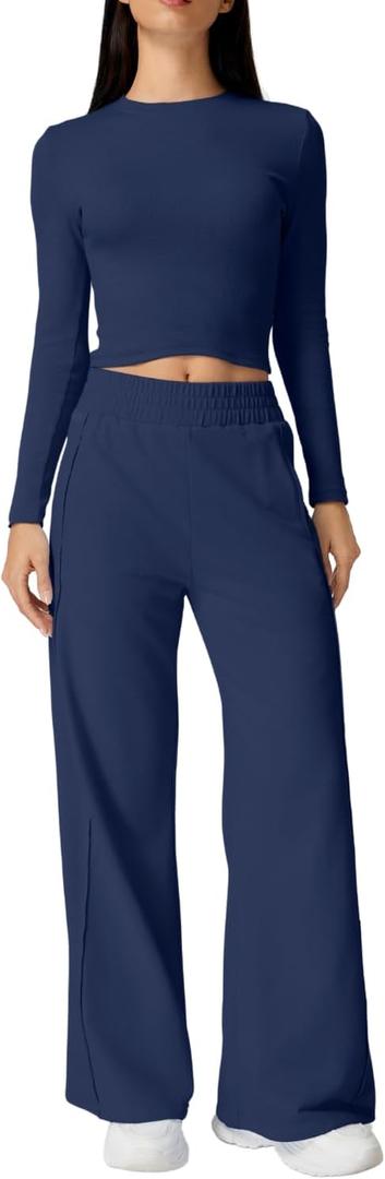 QINSEN Womens 2 Piece Sets Long Sleeve Slim Fit Crop Tops Wide Leg Pants Matching Lounge Set (Small, Navy Blue)