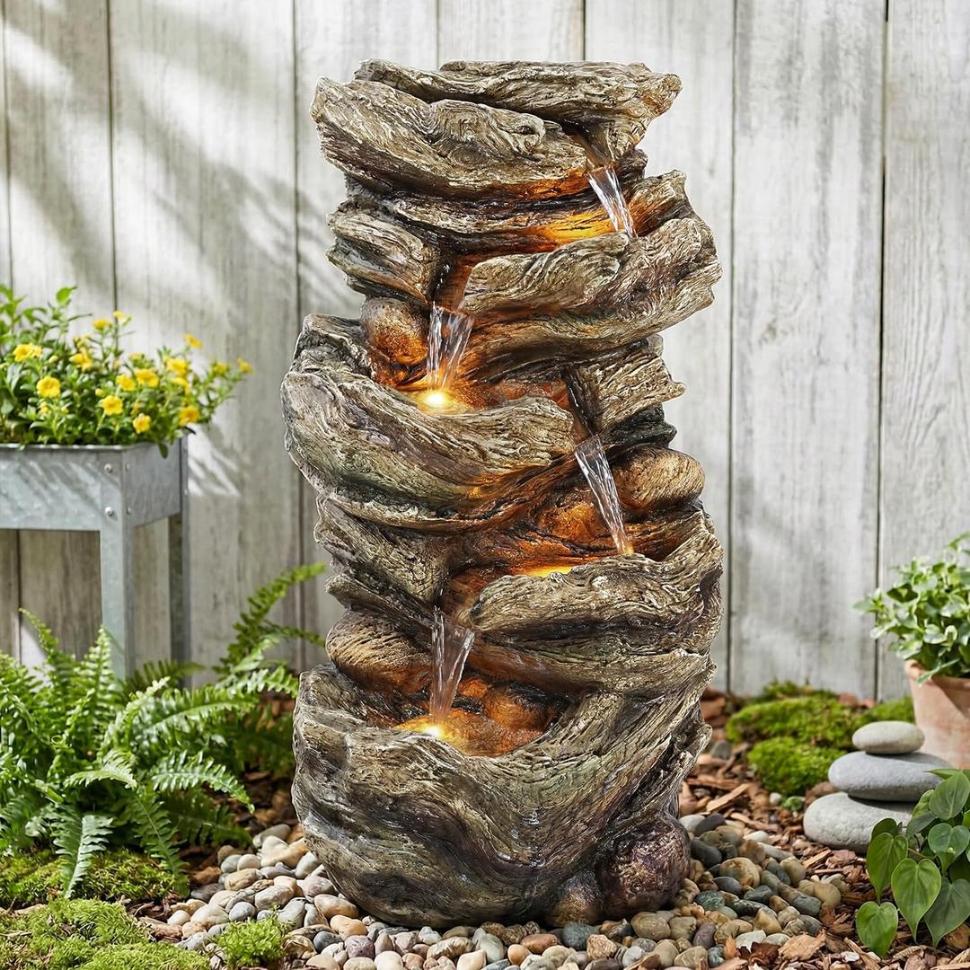 Jocoevol 32" High Outdoor Water Fountain, 5-Tiers Cascading Rock Waterfall Fountain with LED Lights for Garden, Patio, Yard Decor, Soothing Tranquility for Any Outdoor Living Space