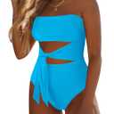 Viottiset Women's Bandeau One Piece Swimsuit Strapless Tie High Cut Out Bathing Suit M