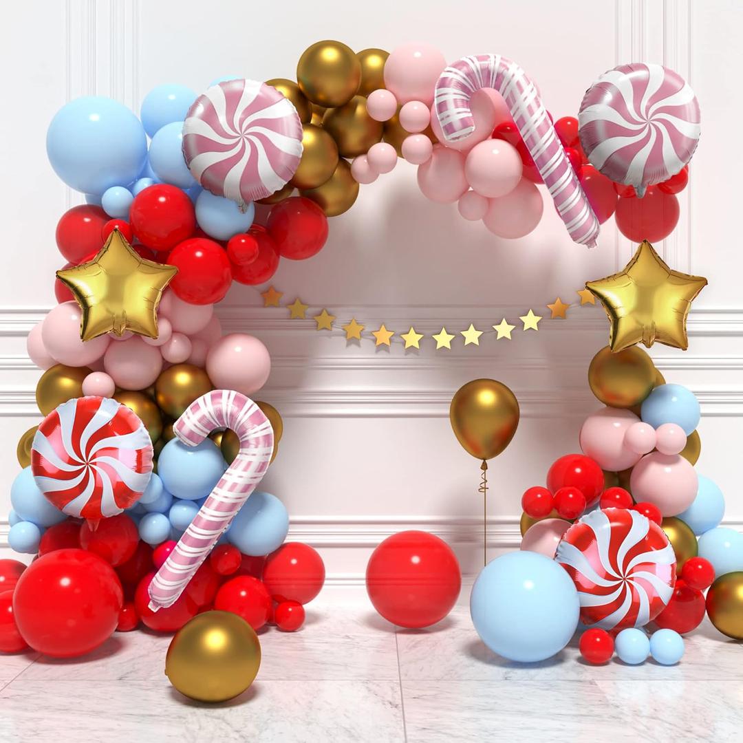 HOUSE OF PARTY Christmas Balloons Arch Kit - 110 Pcs | Pink, Baby Blue, Red, Gold Christmas Foil Balloons | Mylar Balloons with Candy Cane for Christmas Decoration (Vintage)