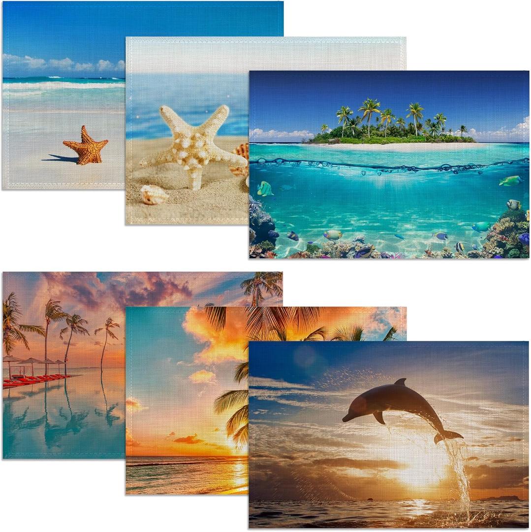 6 Pcs Palm Tree Beach Table Mats,Starfish Ocean Placemats Waterproof Washable, Kitchen Table Decoration Placemats Modern Holiday Kitchen Table Decoration(12"x18"Linen)