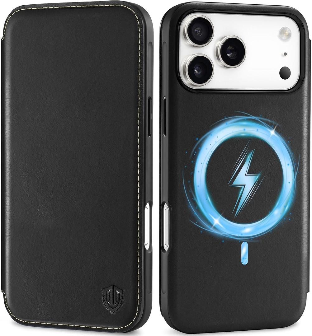 SHIELDON Slim Genuine Leather Wallet Case for iPhone 17 Pro Max 6.9" 2025 | Wireless Charging | Flip | RFID Blocking Credit Card Holder | Magnetic | Shock Absorbing Phone Cover | Retro Black