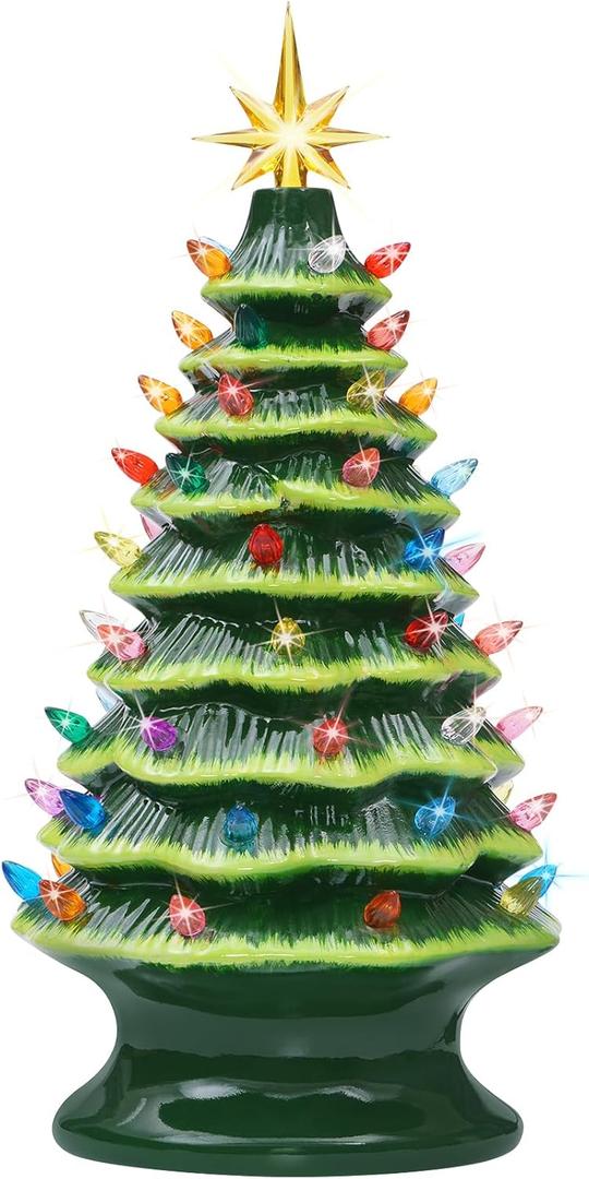 Lakumu 16.5" Table Top Christmas Tree, Hand Painted Resin Christmas Tree with Lights, Pre-lit Xmas Tree Decor Lighted Tabletop Decoration with Multicolored LED Bulbs, Ceramic-Like Finish (Green)