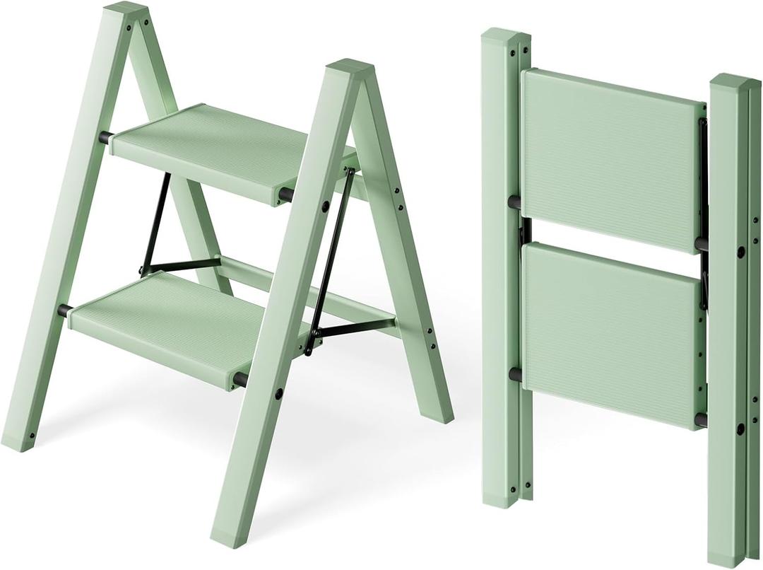 HillhutApex 2 Step Ladder, Lightweight Portable 2 Step Stool with Anti-Slip Wide Pedal, 330lbs Capacity Aluminum Ladder for Household,Office,Library(Pale Green)