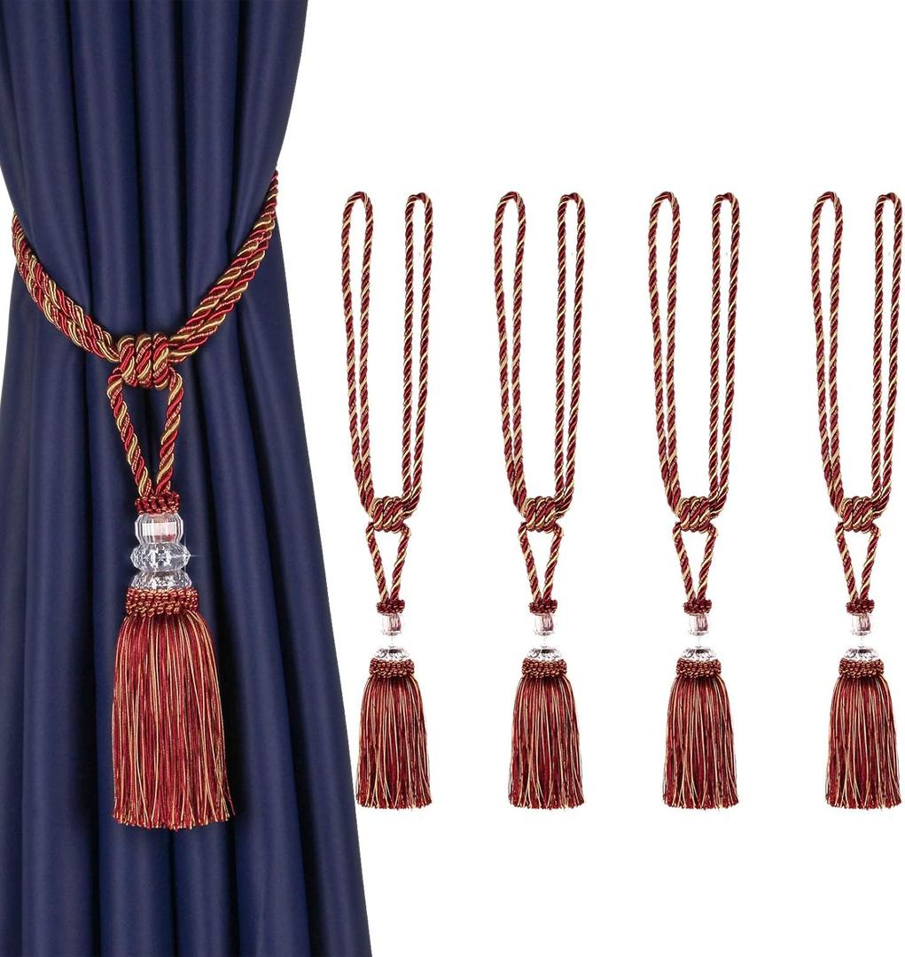 BEL AVENIR 4 Pack Curtain Tiebacks Hand-Woven Crystal Holdbacks Home Decorative Tassels Tiebacks (Mix Red, 4 Pack)