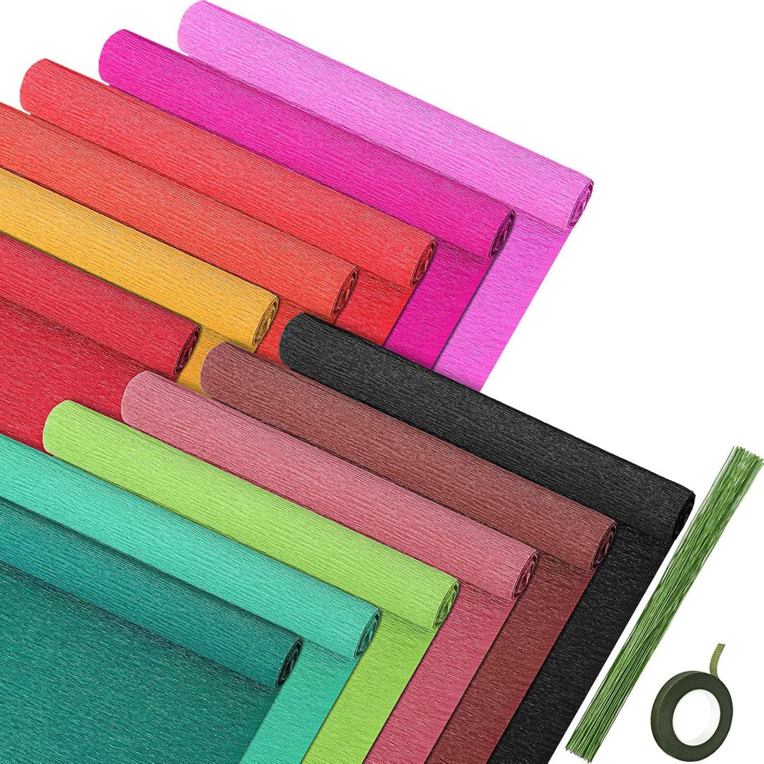 12 Rolls Crepe Paper Rolls 12 Colors Wide Crepe Paper Streamer 10 Inch x 8 Feet Assorted Streamers with Floral Stem Wire and Green Floral Tapes for Birthday Party Ornament (9.8 Inch, Elegant Colors)