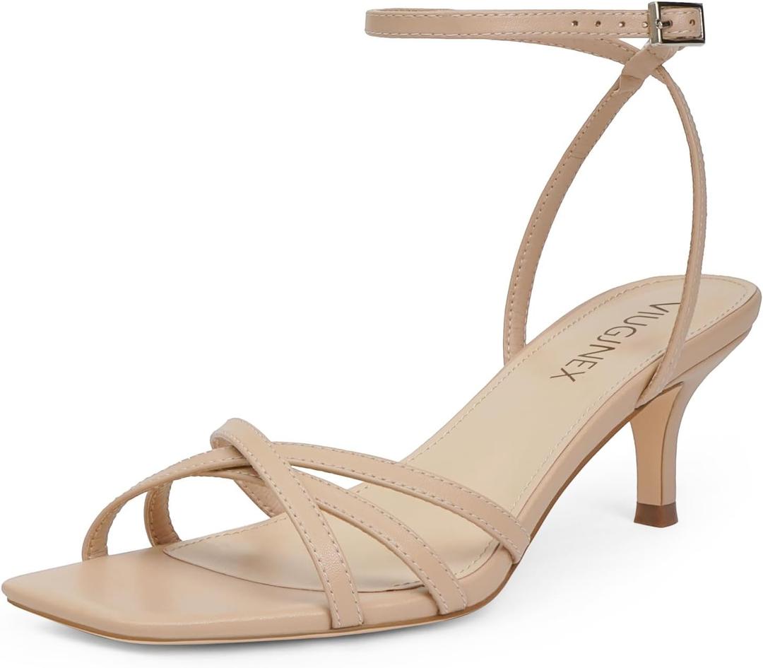 Women's Heeled Sandals Square Open Toe Kitten Heels Ankle Strap Dressy Sandals for Women Summer Heels (6, Nude)