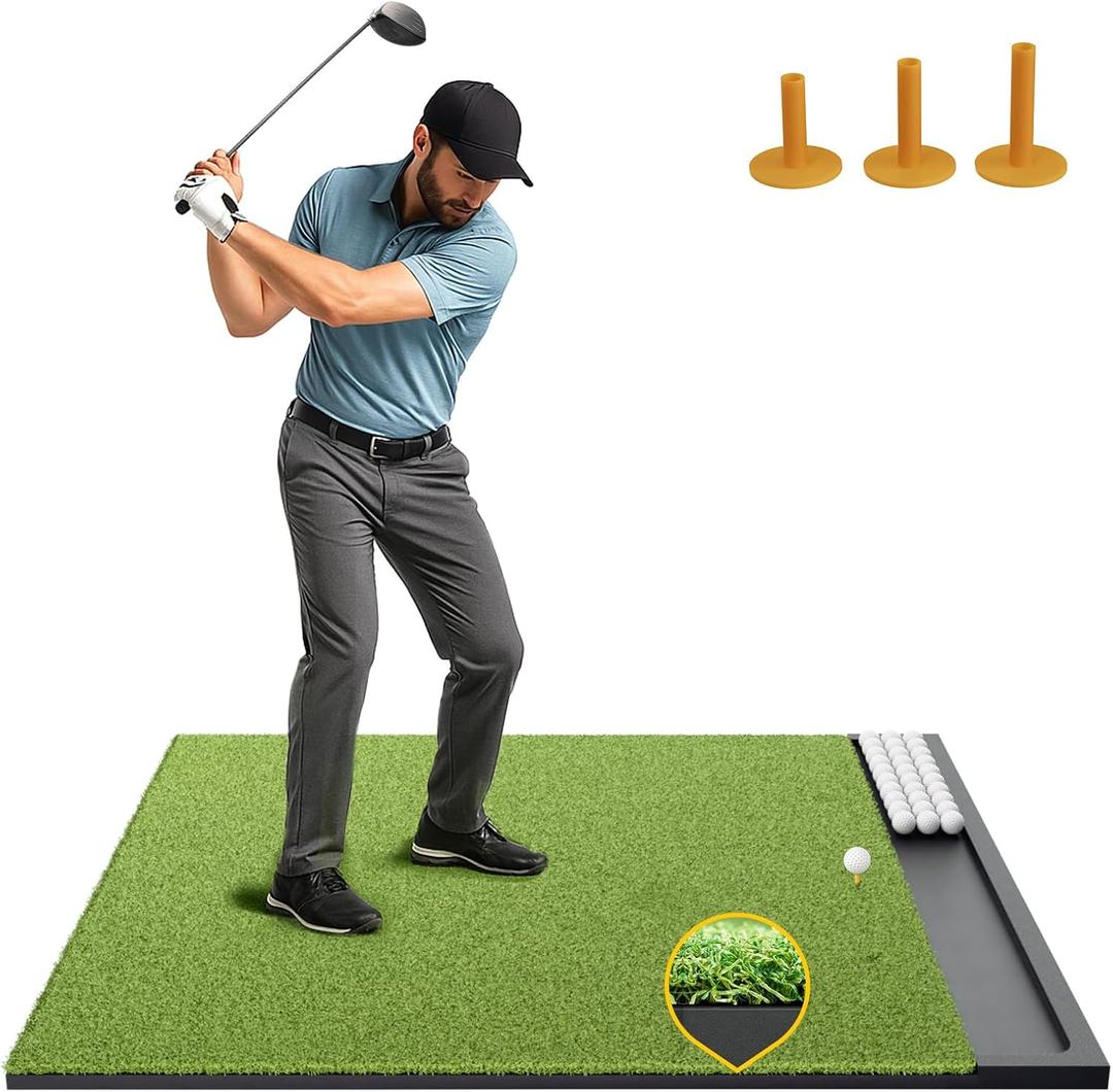 Golf Hitting Mat with Ball Tray, 5x4 / 6x4 ft, 26mm / 31mm Thick, Pro & Elite Turf with Swing Path Line, Premium Golf Practice Mat for Indoor & Outdoor Swing, Chipping, Training