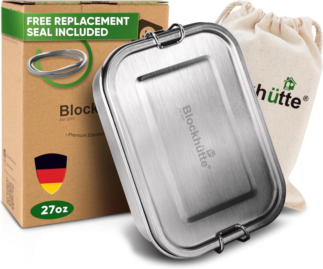 Blockhtte Stainless Steel Lunch Box I 27oz I with free sealing I Bento Box 3 Compartments, Leak-Proof Food Containers, Metal Lunchbox for Travel & Work, Eco-Friendly Meal Storage Solution (Silver)