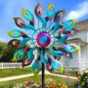 360Peacock Solar Wind Spinner with Lights Blue Metal Garden Outdoor Decor Yard Lawn Art Decor for Patio Kinetic Windmills Unique Gifts for Friends and Family 51.9' H x 12.2'' Dia