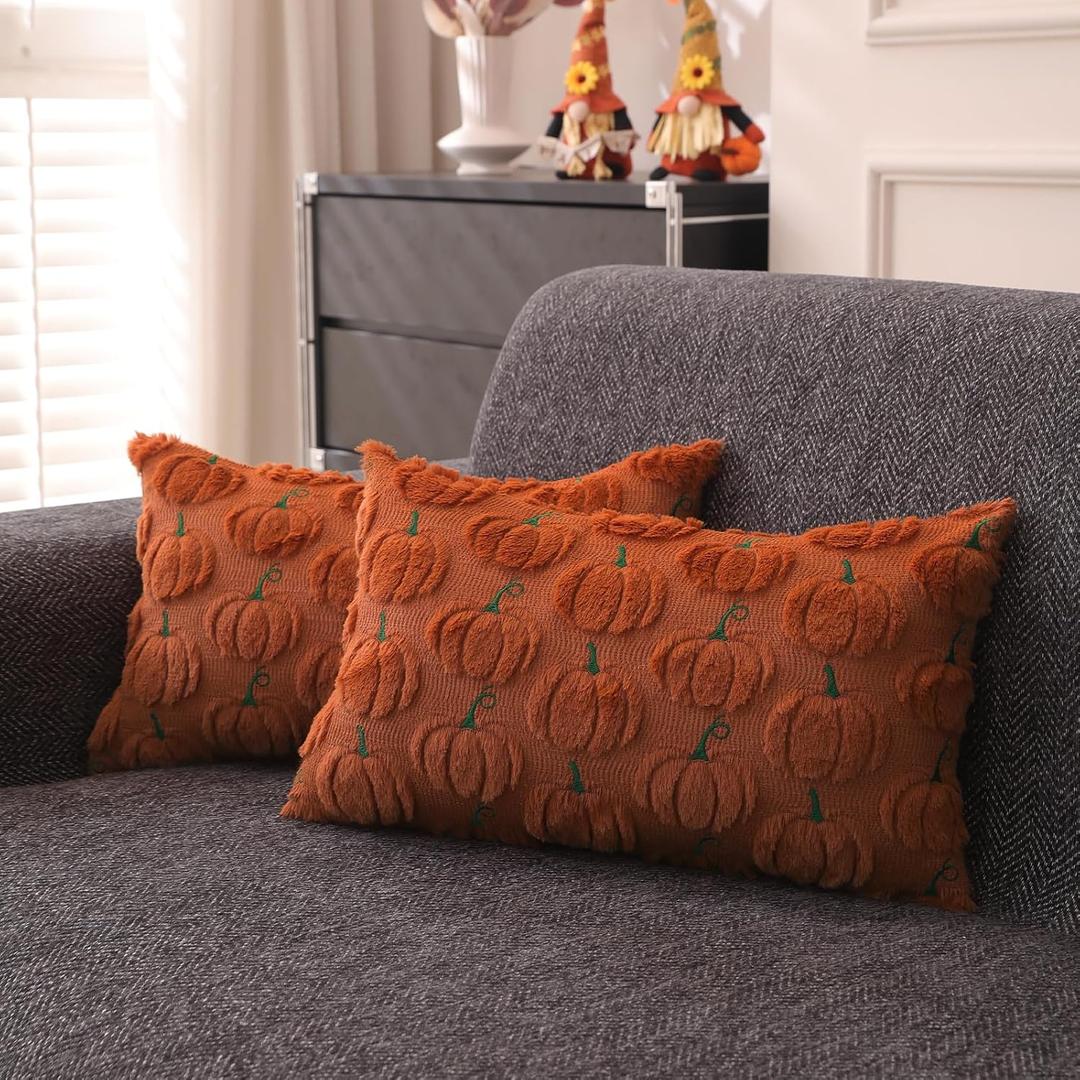 Fall Pillow Covers 12x20 inch Set of 2 for Fall Decorations Autumn Rust Embroidered Pumpkin Soft Plush Faux Fur Wool Throw Pillow Cushion Covers for Sofa Living Room Couch Bed Home Decor