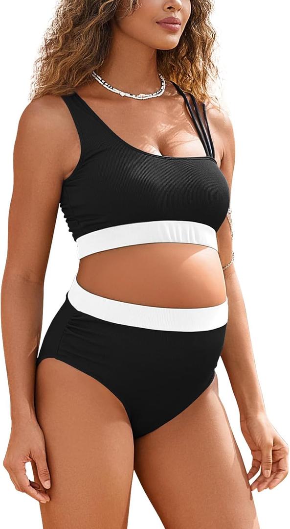 MOMOOD Maternity Two Piece Swimsuit High Waist Strappy Bikini Set Bathing Suit Black with White XL