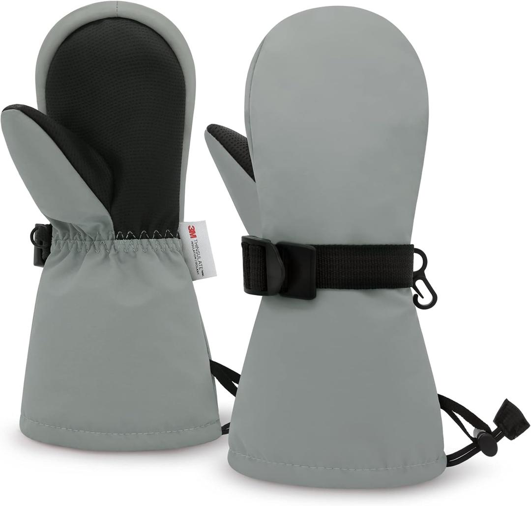 Olreco Toddler Snow Gloves Toddler Mittens Waterproof Kids Ski Gloves Thinsulate Baby Toddlers Winter Mittens for Kids (1-2 Years, Grey)