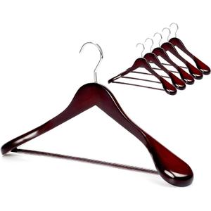 TOPIA HANGER Set of 6 Luxury Mahogany Wooden Coat Hangers, Premium Wood Suit Hangers, Glossy Finish with Extra-Wide Shoulder, Thicker Chrome Hooks & Anti-Slip Bar CT02M