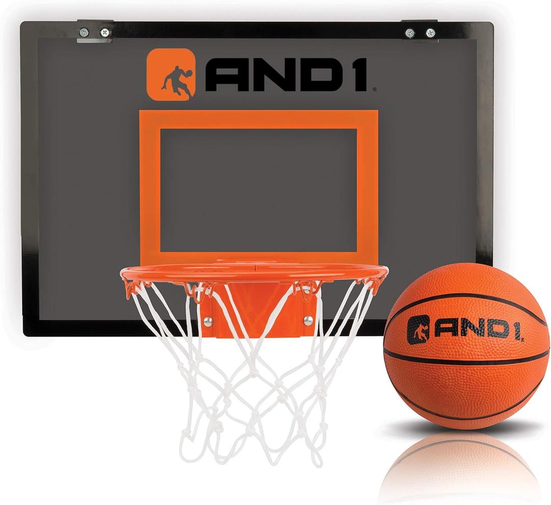 AND1 Over The Door Mini Hoop: - 18x12 Easy to Install Portable Basketball Hoop with Steel Rim, Includes 5 Mini Basketball, Indoor Game Set for Children and Adults (GREY / ORANGE)