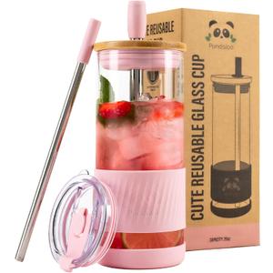 Pandaloo Glass Cups With Lids and Straws -20 Fl Oz- Perfect Size Iced Coffee Cup - Smoothie Cup With Bamboo Lid and On the go Lid - Glass Tumbler With Straw (1 Count (Pack of 1), Tender Pink)