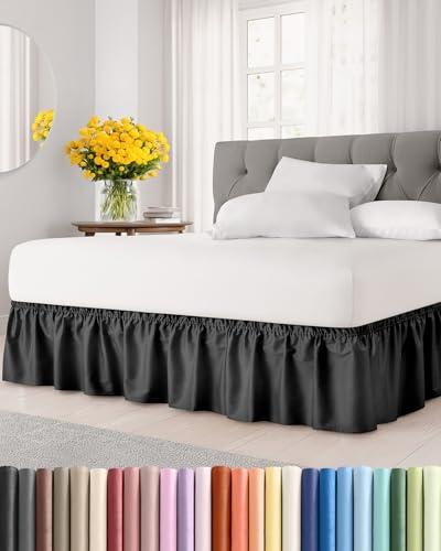 Wrap Around Dust Ruffle Bed Skirt - Black - for King Size Beds with 15 Inch Drop - Easy Fit Elastic Strap - Adjustable Pleated Bedskirt w/ Brushed Fabric - Wrinkle Free - for Women, Men, Kids & Teens