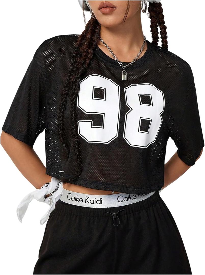 Verdusa Women's Cropped Jersey Shirts Graphic Tees Waffle Short Sleeve Vintage T Shirts Crop Tops (L)