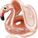 Flamingo Baby Swimming Ring with UPF 50+ Canopy, Glitters, Back Holder & Wings Airbag Never Flip Over, Inflatable Baby Pool Float Sunshade for 8-36 Months Infant Toddler Water Toys Summer Luau Party