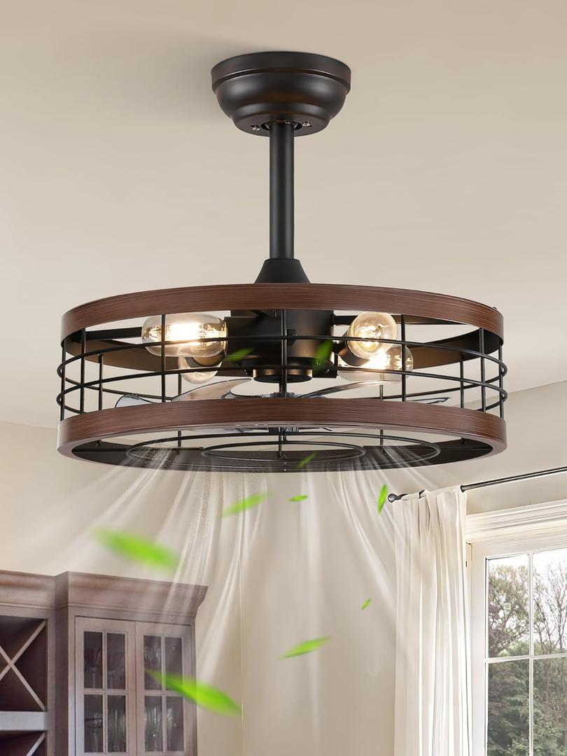 LEDIARY 18 inch Black Caged Ceiling Fan with Light, Bladeless Industrial Ceiling Fan with Remote, Farmhouse Fan Lights Ceiling Fixtures for Kitchen, Bedroom, Outdoor6 Speed, Timing-Walnut