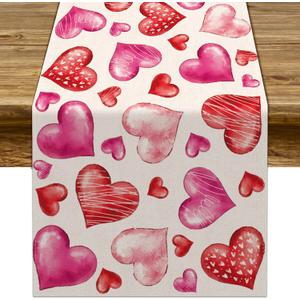 Sunwer Valentine's Day Watercolor Table Runner Red Heart Wedding Anniversary Party Decoration Home Kitchen Dining Room Decor 72Inches Long