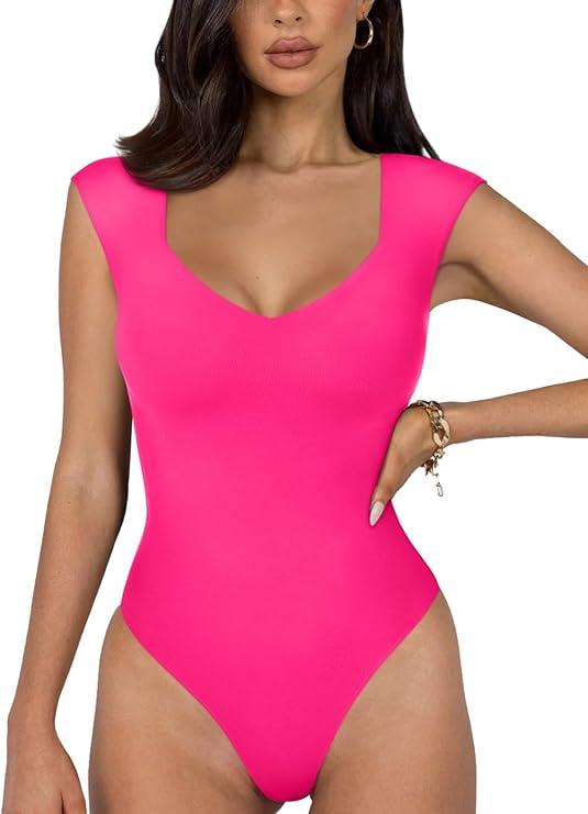 REORIA Women's Summer Sexy Casual V Neck Double Lined Seamless Sleeveless Slimming One Piece Leotards Going Out Trendy Tank Top Tees Thong Bodysuits Neon Rose Red Large