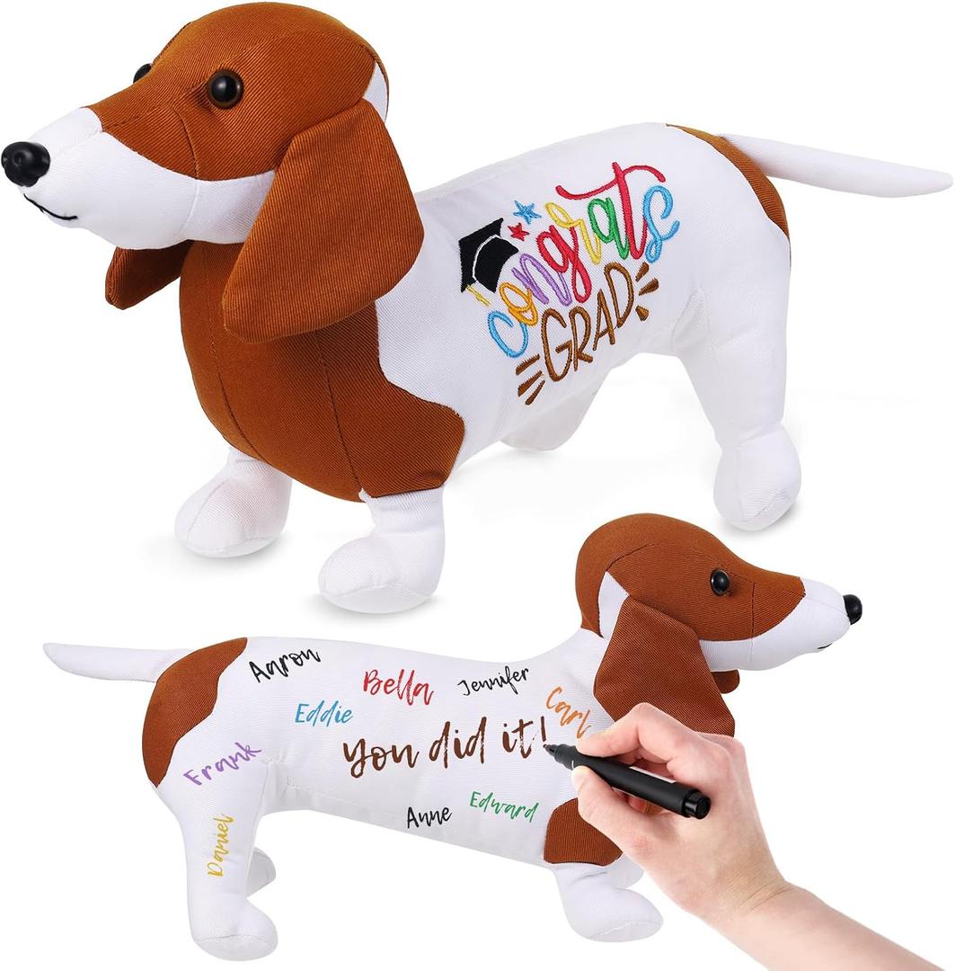 Blank Dachshund with Graduation Cap Toys Autograph Stuffed Dog Class of 2026 Graduated Plush Stuffed Teddy Animal Dog for Graduation Day Gift(Dachshund)