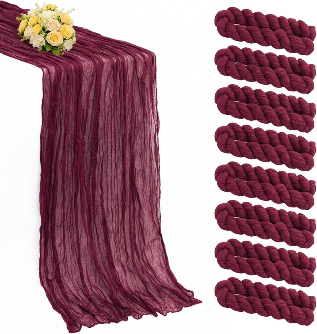 8 Pack Burgundy Valentine's Day Cheesecloth Table Runner 21x120 Inch Wine Red Gauze Reusable Polyester 10ft Boho Rustic Cheese Cloth Table Runner for Wedding Party Baby Shower Birthday