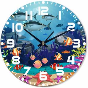 Ocean Wall Clock Battery Operated Underwater Life Fish Algae Coral Reef Shark Starfish Wall Clock Silent Non Ticking Quality Quartz 10 Inch Round Easy Clock to Read for Home Office